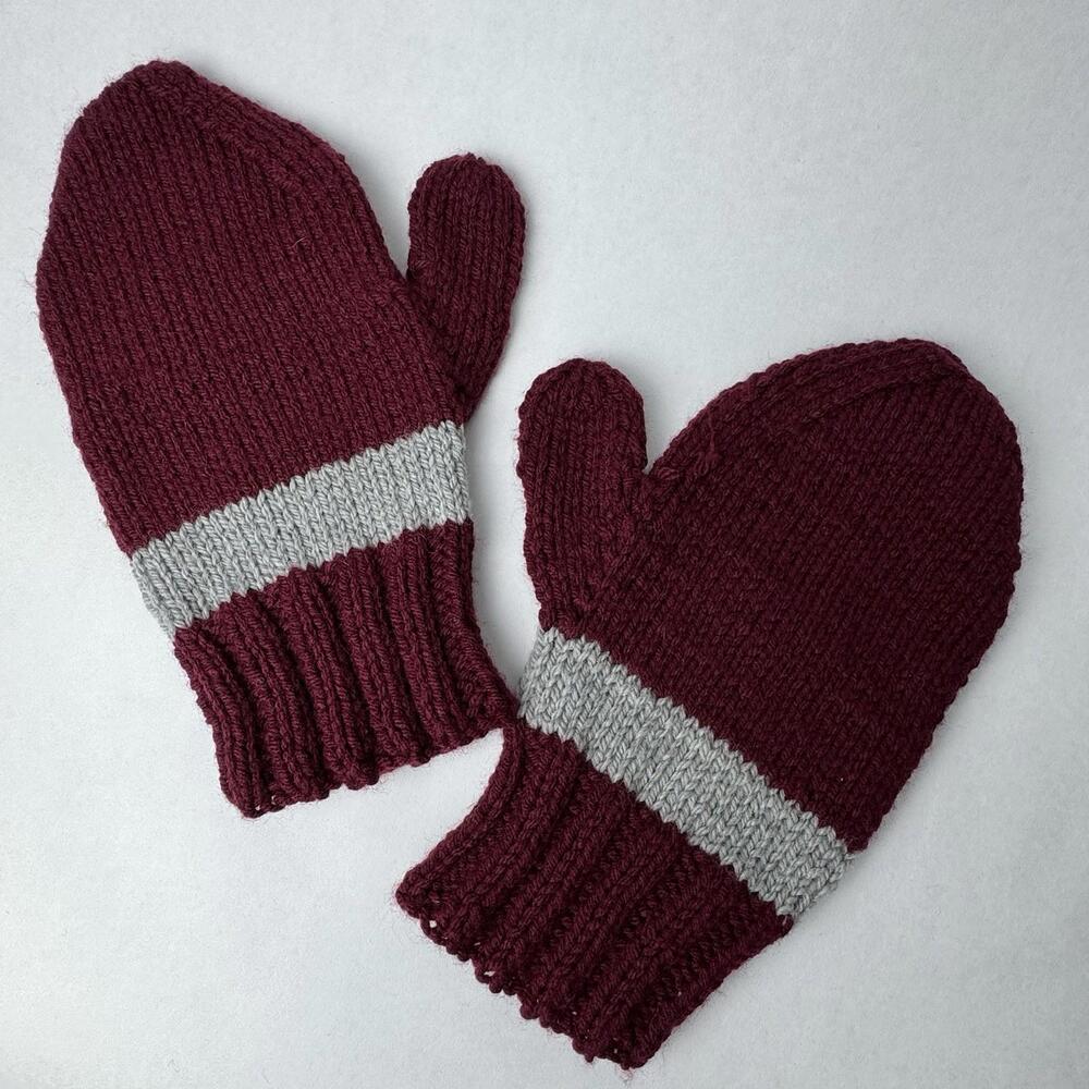 Hand Knit Mittens Burgundy Wine Red‎ Gray Stripe Adult 10”x5”